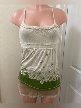 Y2k Vintage Hollister cream with green floral babydoll tank top